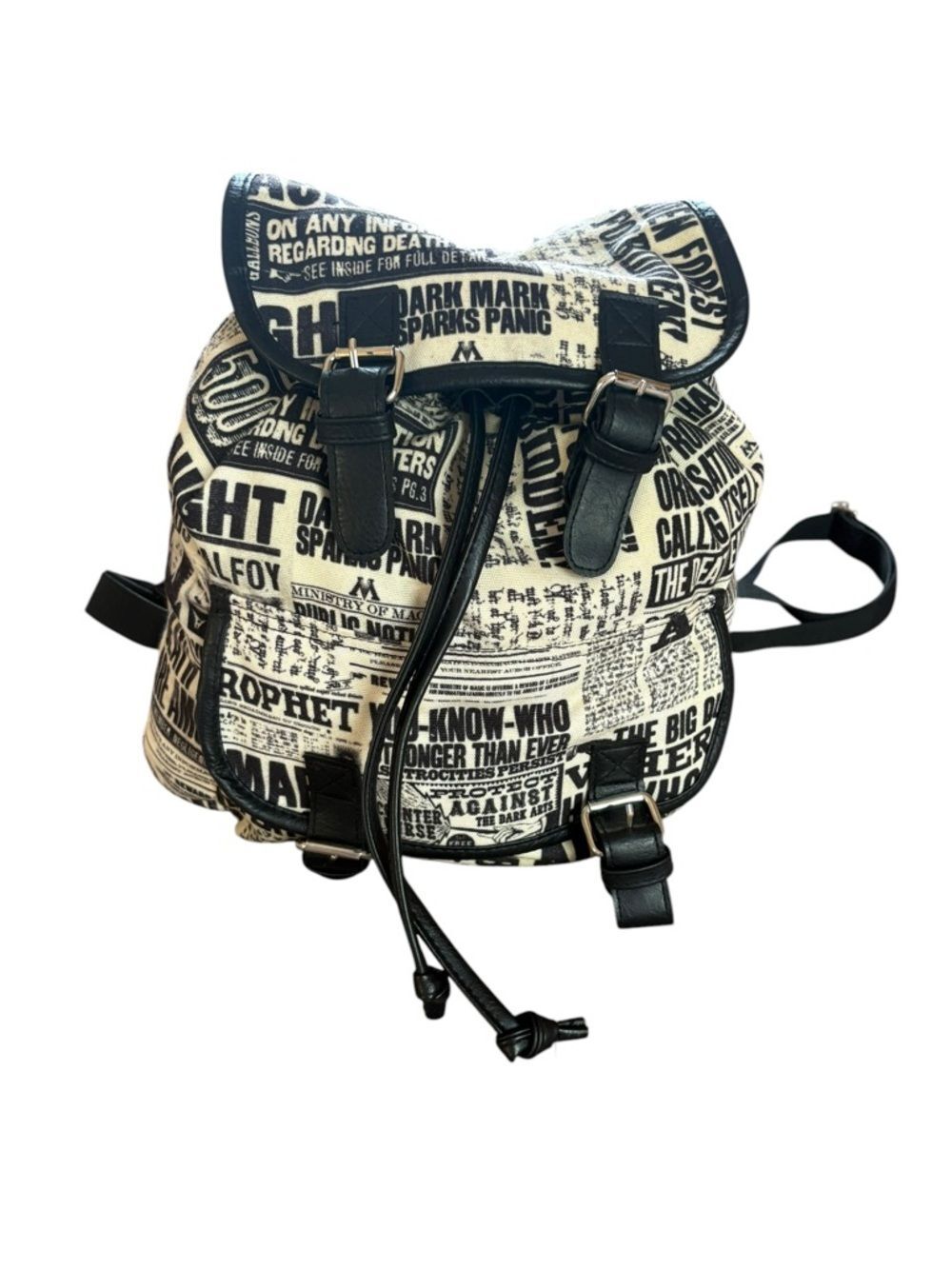 Black & White Newspaper Print Drawstring Backpack